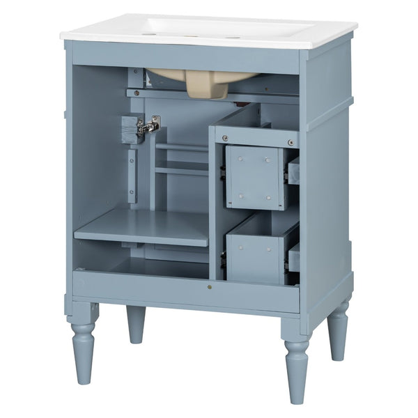 English Elm 24 Inch Freestanding Vanity with Ceramic Sink Rubberwood Frame Matte Finish Storage Blue+Grey N725P356058E