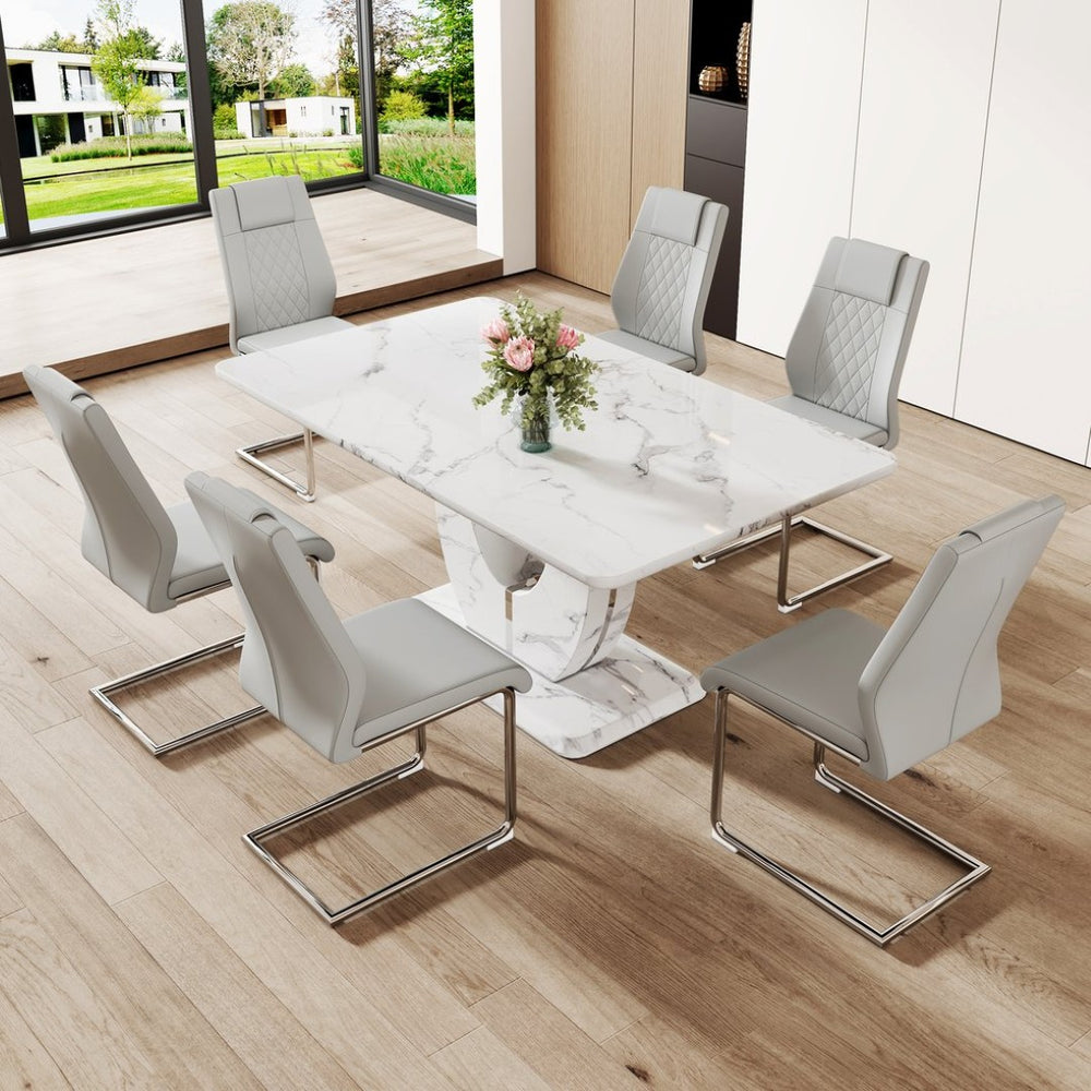 English Elm Table And Chair Set - Elegant White Marble Mdf Dining Table With 6 Light Gray Pu Chairs, Easy Care W1151S02188-GIGA