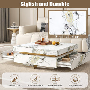 English Elm Modern Square Marble-Textured Coffee Table 43.3" White — Floating Pedestal Design, 4 Hidden Drawers, Durable Chic Storage CH350384AAK
