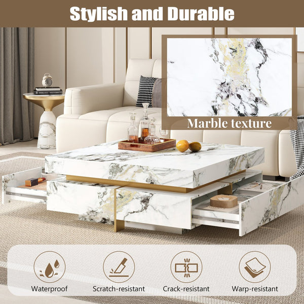 English Elm Modern Square Marble-Textured Coffee Table 43.3" White — Floating Pedestal Design, 4 Hidden Drawers, Durable Chic Storage CH350384AAK
