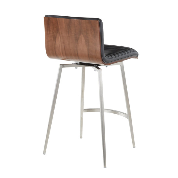 English Elm Mason Contemporary Swivel Counter Stool Set of 2 — Tufted Black Faux Leather, Walnut Back, Stainless Base B202P222086