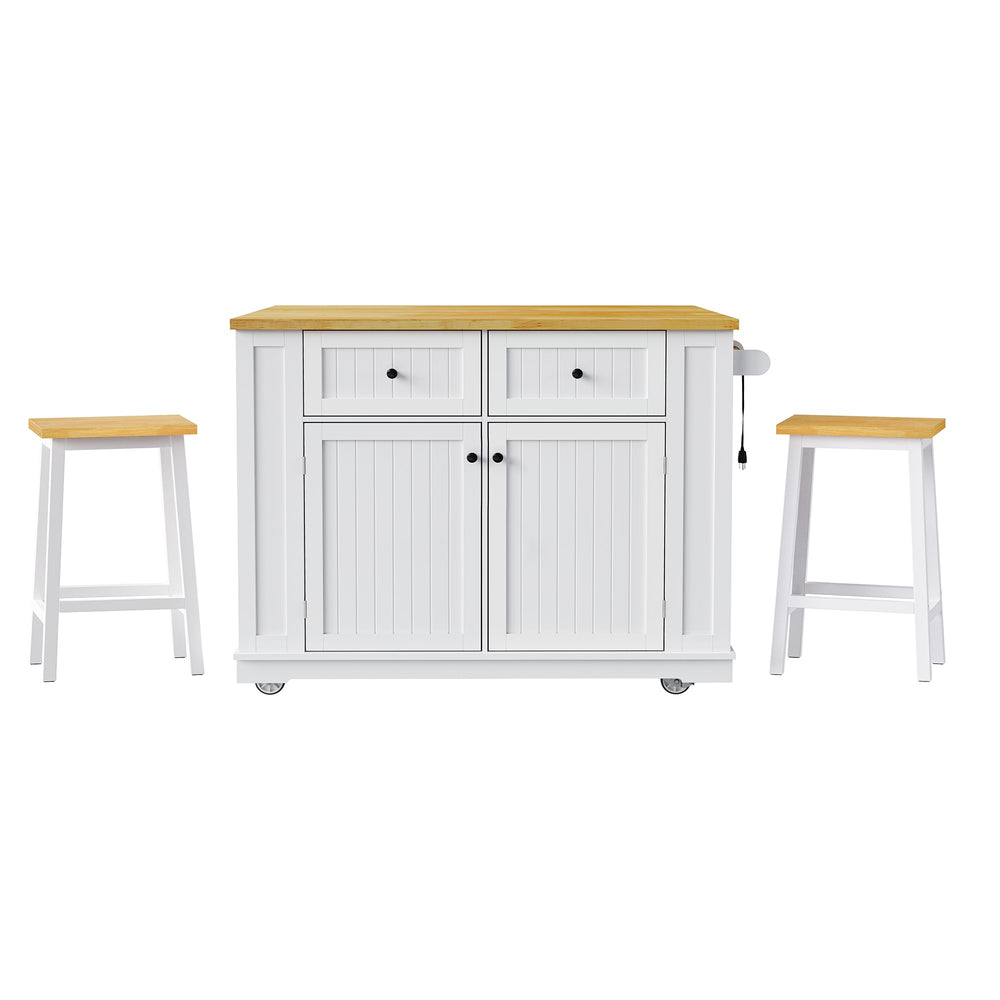 English Elm K&K 48in Kitchen Island Set with 2 Stools, Built-In Power Station, Drop Leaf & Ample Storage Space White N707S000015W