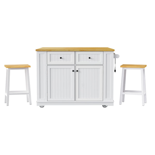 English Elm K&K 48in Kitchen Island Set with 2 Stools, Built-In Power Station, Drop Leaf & Ample Storage Space White N707S000015W