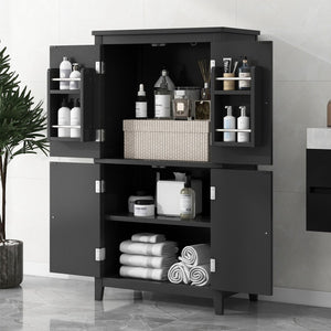 English Elm Elegant Bathroom Floor Storage Cabinet with 4 Doors, Adjustable Shelves, Anti-Tip Design, 28"L x 15"W Black N725P188461B