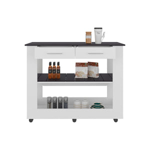 English Elm White Engineered Wood Rolling Kitchen Island with Drawers Cabinet and Open Shelving B062P439952