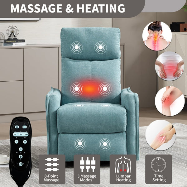 English Elm Heat Massage Rocker Swivel Recliner Fabric Chair with Lumbar Therapy for Living Room Antique Blue Green W1803P362302