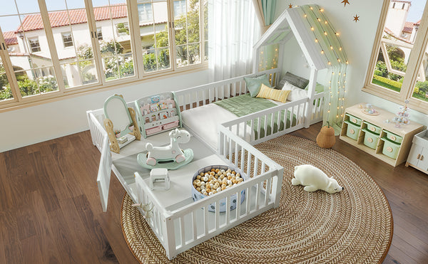 English Elm Twin House Floor Bed with Door & Full-Length Guardrails, Solid Wood Twin Loft Alternative for Kids White W1580P327128