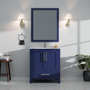 English Elm Navy 30" Bath Vanity with White Quartz Top, Soft-Close Drawer, Chrome Faucet & Spacious Storage B2731P259012