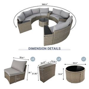 English Elm Outdoor Half Moon 13 Piece Wicker Sectional Set with Tempered Glass Coffee Table W874S00091