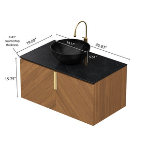 English Elm Arai 36" Floating Bathroom Vanity & Sink - Stylish Black Stone Countertop, Soft-Close Doors, Oak Finish W2615S00355