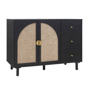 English Elm 2 Door 3 Drawer Cabinet with Engineered Rattan Finish, Pine Feet, Metal Semi-Circle Handles, Durable Black W688134396