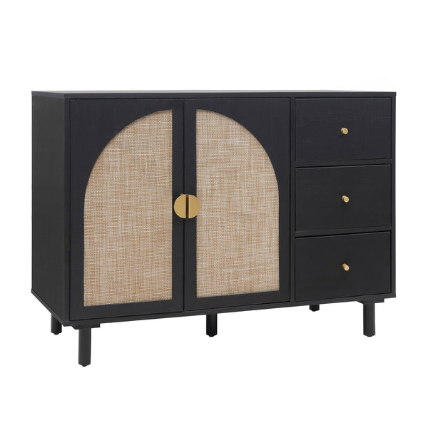 English Elm 2 Door 3 Drawer Cabinet with Engineered Rattan Finish, Pine Feet, Metal Semi-Circle Handles, Durable Black W688134396