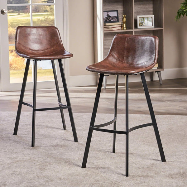 English Elm Christopher Knight Home® - Set of 2 Dax Faux Leather Barstool Brown with Faux Snakeskin Stitching, Cushioned Seat & Steel Legs 57582.00