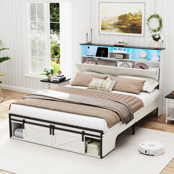English Elm Farmhouse Full Size Bed Frame With Smart Storage, Charging Station, & Led Lights For Modern Comfort W1550P343689