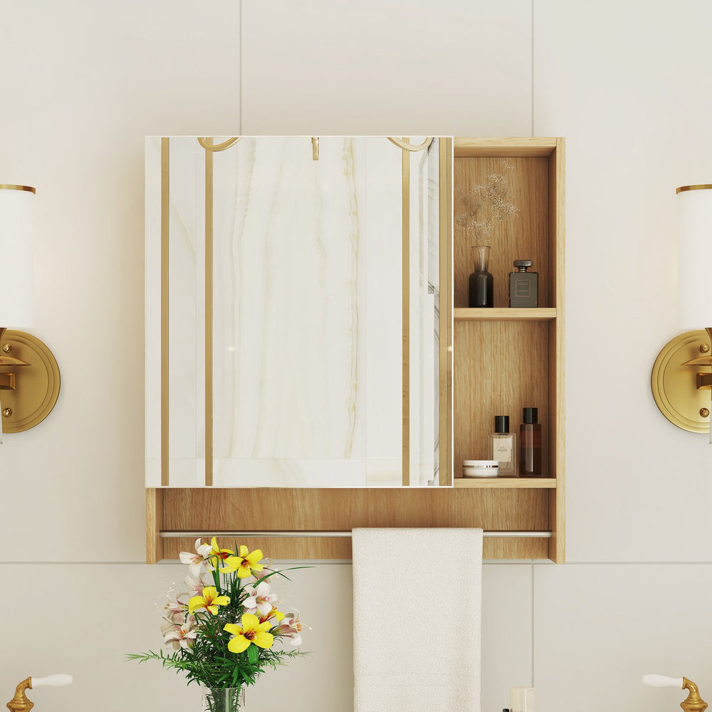English Elm Bathroom Mirror Cabinet Wall Mounted with HD Mirror, 4 Compartments, Towel Rack, Moisture-Resistant Storage Burly Wood W2984P228641