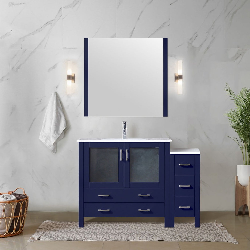 English Elm Navy Blue Single Bath Vanity Set With White Ceramic Top, Side Cabinet, Mirror & Faucet - 48" W B2731S01368