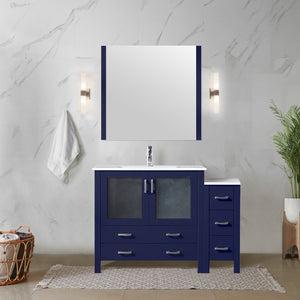English Elm Navy Blue Single Bath Vanity Set With White Ceramic Top, Side Cabinet, Mirror & Faucet - 48" W B2731S01368