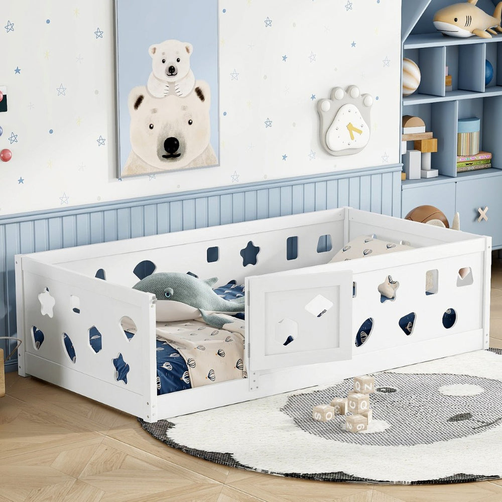 English Elm Twin Floor Bed With Safety Guardrails & Doorway - Cozy Solid Wood Frame For Kids' Rooms & Playrooms W1820P240542-GIGA