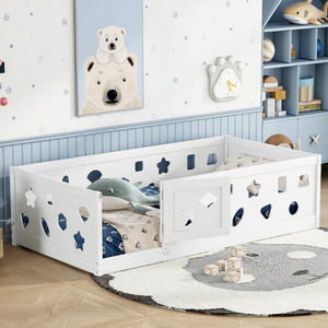 English Elm Twin Floor Bed With Safety Guardrails & Doorway - Cozy Solid Wood Frame For Kids' Rooms & Playrooms W1820P240542-GIGA