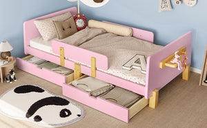 English Elm Twin Low Profile Kids Floor Bed Pine Wood Frame with Safety Rail and Built in Bookshelf W1580P373242