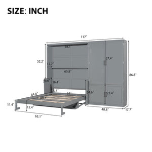 English Elm Queen Murphy Bed with Wardrobe Cabinet Hydraulic Lift Mdf Space Saving Wall Unit Gray LP000581AAE