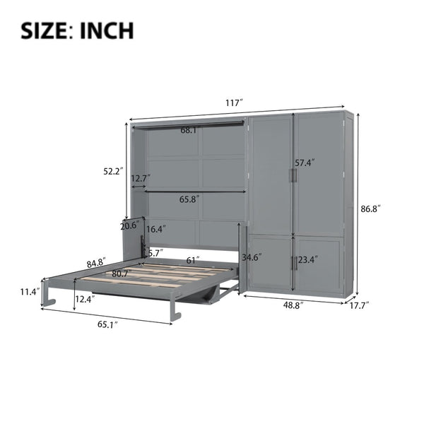 English Elm Queen Murphy Bed with Wardrobe Cabinet Hydraulic Lift Mdf Space Saving Wall Unit Gray LP000581AAE