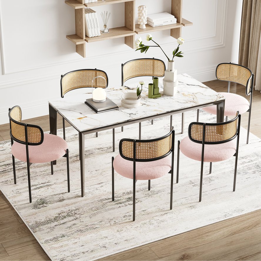 English Elm Modern Upholstered Dining Chairs Set Of 4 - Pink Velvet With Rattan Back & Metal Legs For Style T3623P379687