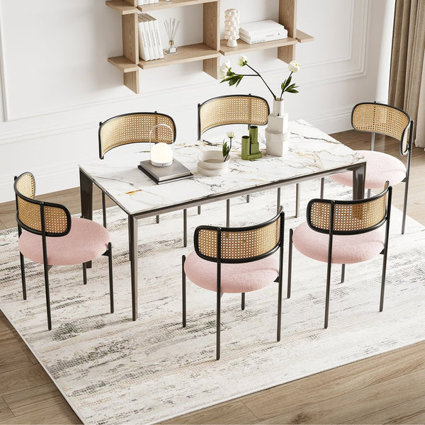 English Elm Modern Upholstered Dining Chairs Set Of 4 - Pink Velvet With Rattan Back & Metal Legs For Style T3623P379687