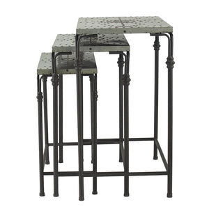 English Elm Set Gilbert Nesting Tables Metal Plant Stands - Galvanized Tops Iron Bases, Space-Saving Trio for Home Decor W2078P323699
