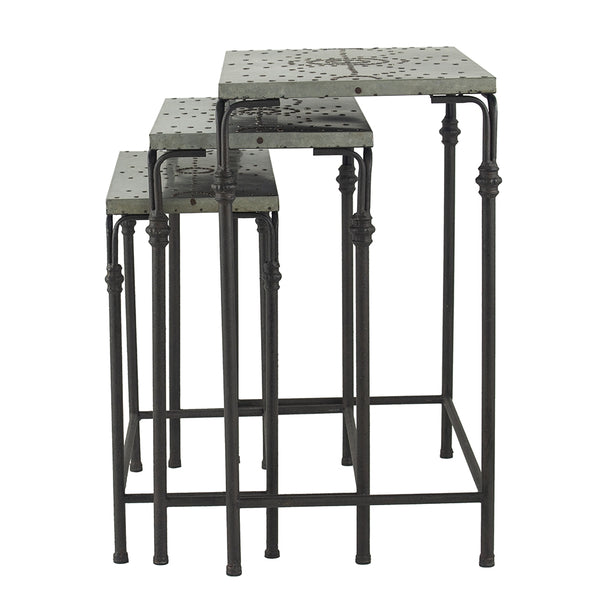 English Elm Set Gilbert Nesting Tables Metal Plant Stands - Galvanized Tops Iron Bases, Space-Saving Trio for Home Decor W2078P323699