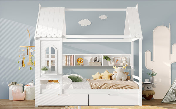 English Elm Full House Solid Wood Platform Bed with Window Roof, Under-Bed Drawers & Shelves for Kids' Rooms Light White W1580S00267