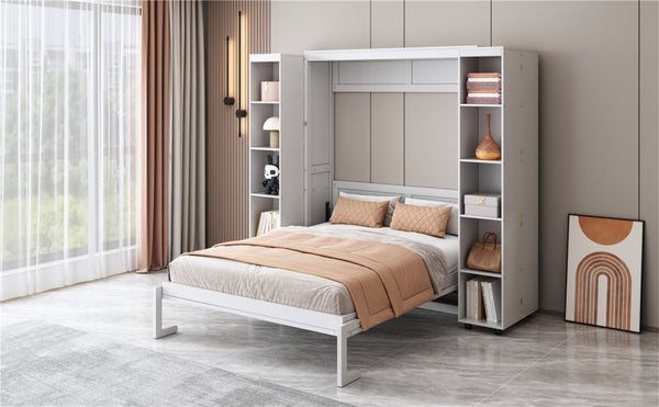 English Elm Queen Murphy Wall Bed with Hydraulic Lift and Push Pull Cabinet Storage Unit White LP000381AAK