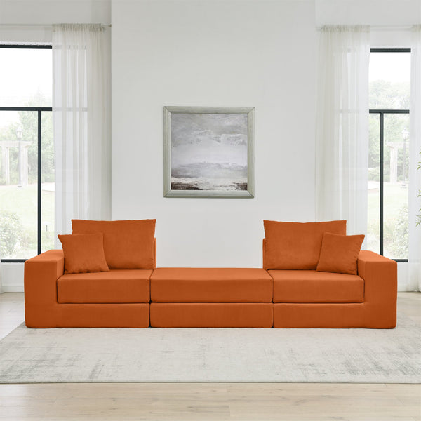 English Elm Modular Cloud Sectional Sofa with Corduroy Upholstery, Deep-Seat Sleeper Loveseat, Removable Ottoman, No-Assembly Comfort and Customizable Configuration Orange W1117P357547