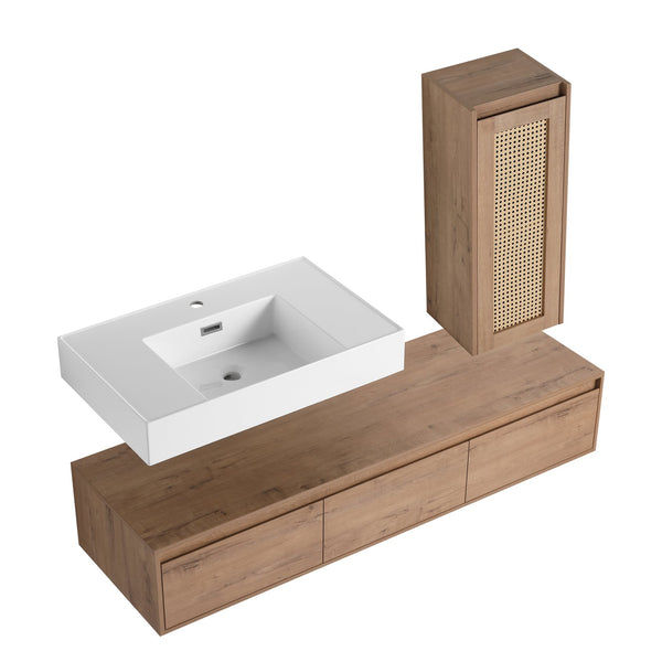 English Elm 60 Inch Wall-Mounted Bathroom Vanity Set With Resin Sink, Soft-Close Drawers & Side Cabinet Storage W999S00357