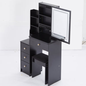 English Elm 29.2" Compact Vanity Table Set With Led Mirror, Touch Control, Large Storage & Stylish Stool For Small Spaces W936P226032