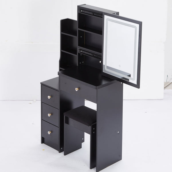 English Elm 29.2" Compact Vanity Table Set With Led Mirror, Touch Control, Large Storage & Stylish Stool For Small Spaces W936P226032