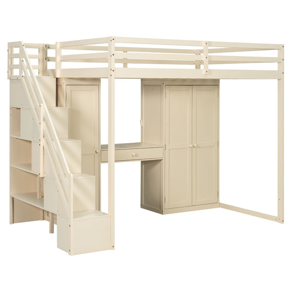 English Elm Full Size Loft Bed with Wardrobe Dressing Mirror Usb Ports and Teen Room Storage LT000276AAA