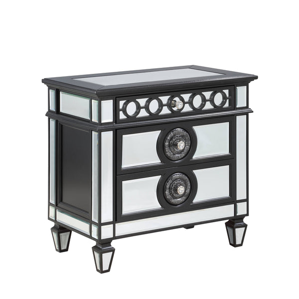 English Elm Glam Mirrored Nightstand with 2 Drawers and Crystal Knobs, Tapered Legs and Geometric Accents — Elegant Bedroom Storage Black,Silver 22.25 L x 35 W x 29.5 H B2741P324367