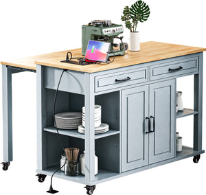 English Elm K&K 47 Inch Kitchen Island with Extendable Dining Table, Rolling Storage Cabinet, Built-In Power Grey+Blue N707P215327G