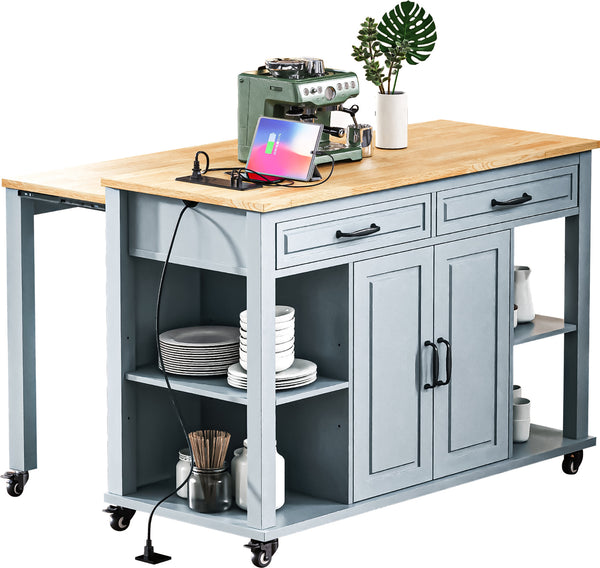 English Elm K&K 47 Inch Kitchen Island with Extendable Dining Table, Rolling Storage Cabinet, Built-In Power Grey+Blue N707P215327G