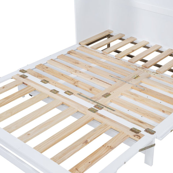 English Elm Murphy Queen Wall Bed with Frosted Glass Cabinet Facade Gold Legs Pine Frame White N820S00028K