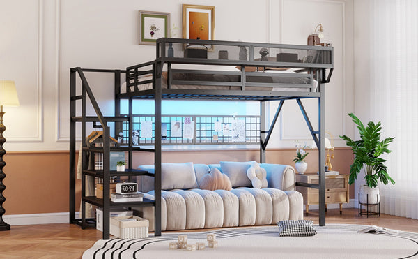 English Elm Full Size Metal Loft Bed with Wardrobe Stairs Rgb Lighting Industrial Frame W2580S00051