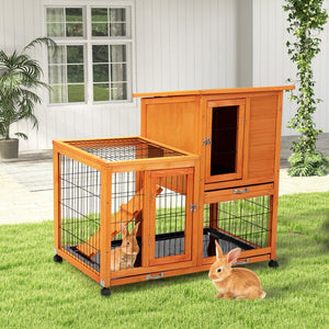 English Elm Detachable Two-tier Pine Rabbit Hutch with Rolling Casters and Removable Waste Trays Orange W2181P190616
