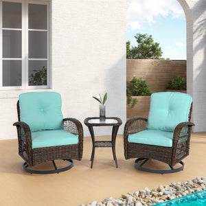 English Elm 3 Outdoor Swivel Rocker Patio Chairs Set with 360° Spin, Rocking Comfort, Tempered Glass Table, Durable Steel Frame and Plush Cushions Blue W640P263669