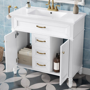 English Elm 36 Inch Bathroom Vanity with Ceramic Sink, Durable MDF & Solid Wood Frame, Soft-Close Doors, Luxe Handles, Ample Organized Storage, Modern Freestanding Design White N725P314034K
