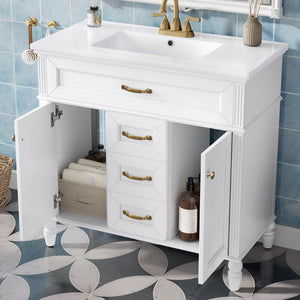 English Elm 36" Freestanding Single Sink Bathroom Vanity Rubberwood Cabinet with Matching Mirror White N725S314034K