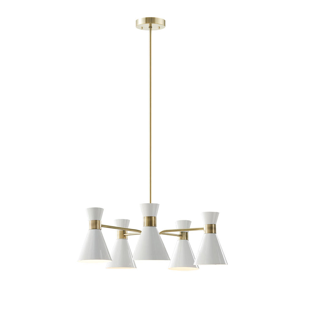 JLA Home INK+IVY - 5-Light Antique Brass Chandelier with White Cone Shades — Mid-Century Modern Sculptural Lighting II150-0118