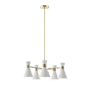 JLA Home INK+IVY - 5-Light Antique Brass Chandelier with White Cone Shades — Mid-Century Modern Sculptural Lighting II150-0118