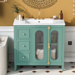 English Elm 36-inch Modern Bathroom Vanity Pine Frame Ceramic Sink 3 Drawers Glass Door Cabinet N710P223192F