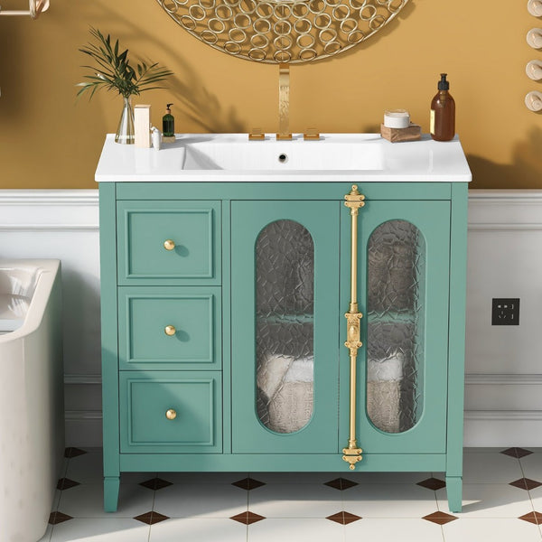 English Elm 36-inch Modern Bathroom Vanity Pine Frame Ceramic Sink 3 Drawers Glass Door Cabinet N710P223192F